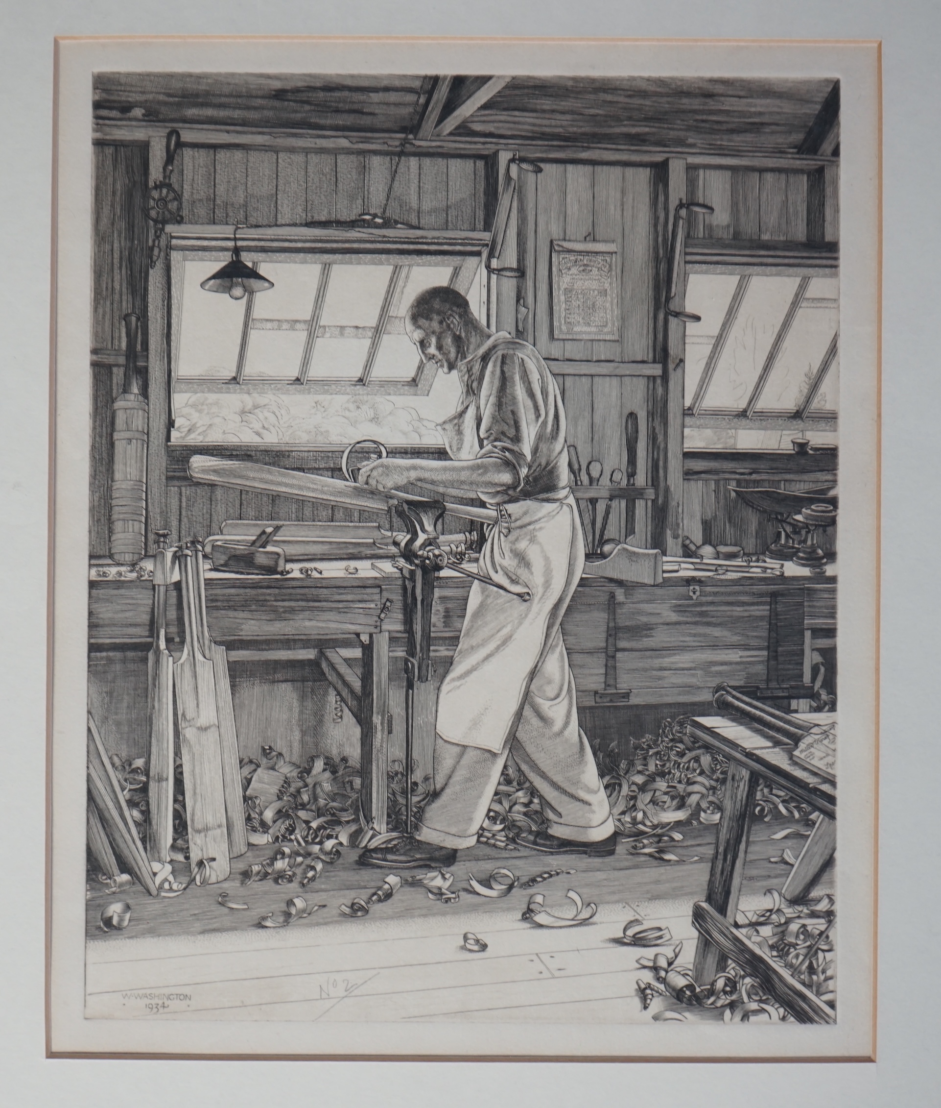 William Washington (English, 1885-1956), The Cricket Bat Maker, drypoint etching, 27.5 x 21.5cm